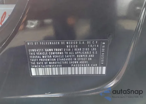 2015 Volkswagen Jetta 2.0L S from USA, damaged, VIN 3VW2K7AJ3FM354908